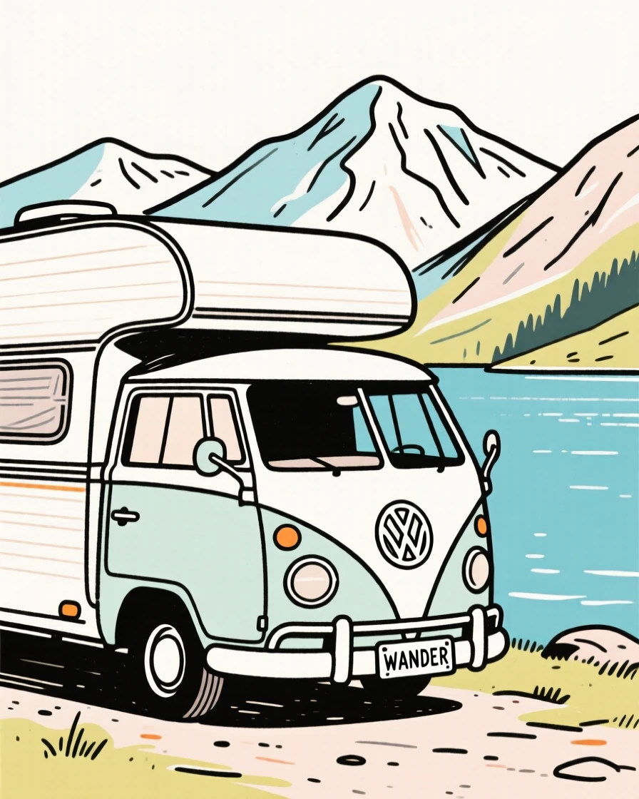 A vintage camper van parked beside a scenic mountain lake.