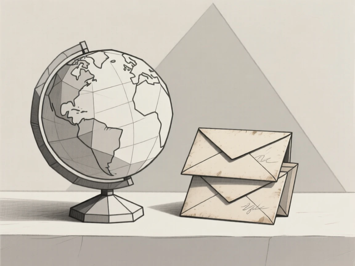 A still life of a globe beside a stack of old letters