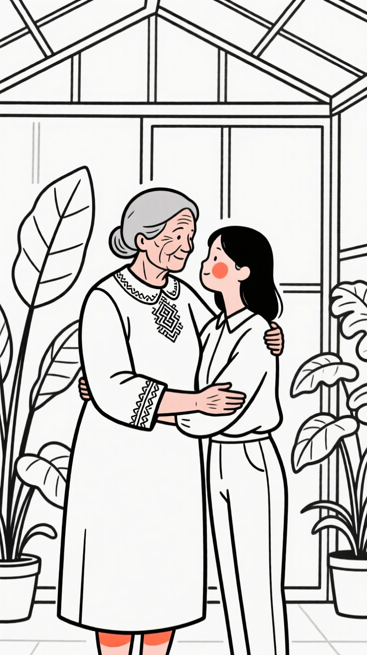 A grandmother of Russian heritage in a sleek minimalist outfit, sharing a tender embrace, in a botanical garden greenhouse.