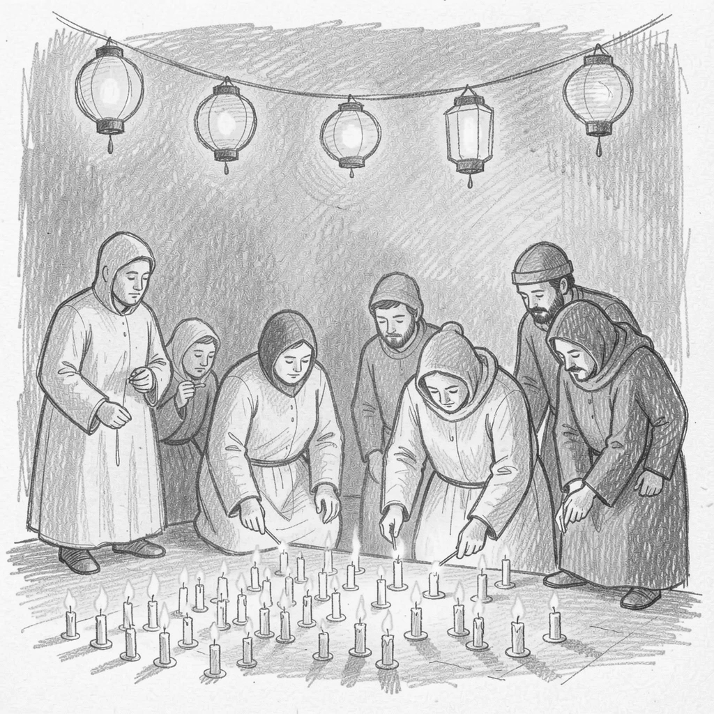 Pilgrims lighting rows of small candles, beneath strings of glowing lanterns, with the warm glow of dusk settling in.