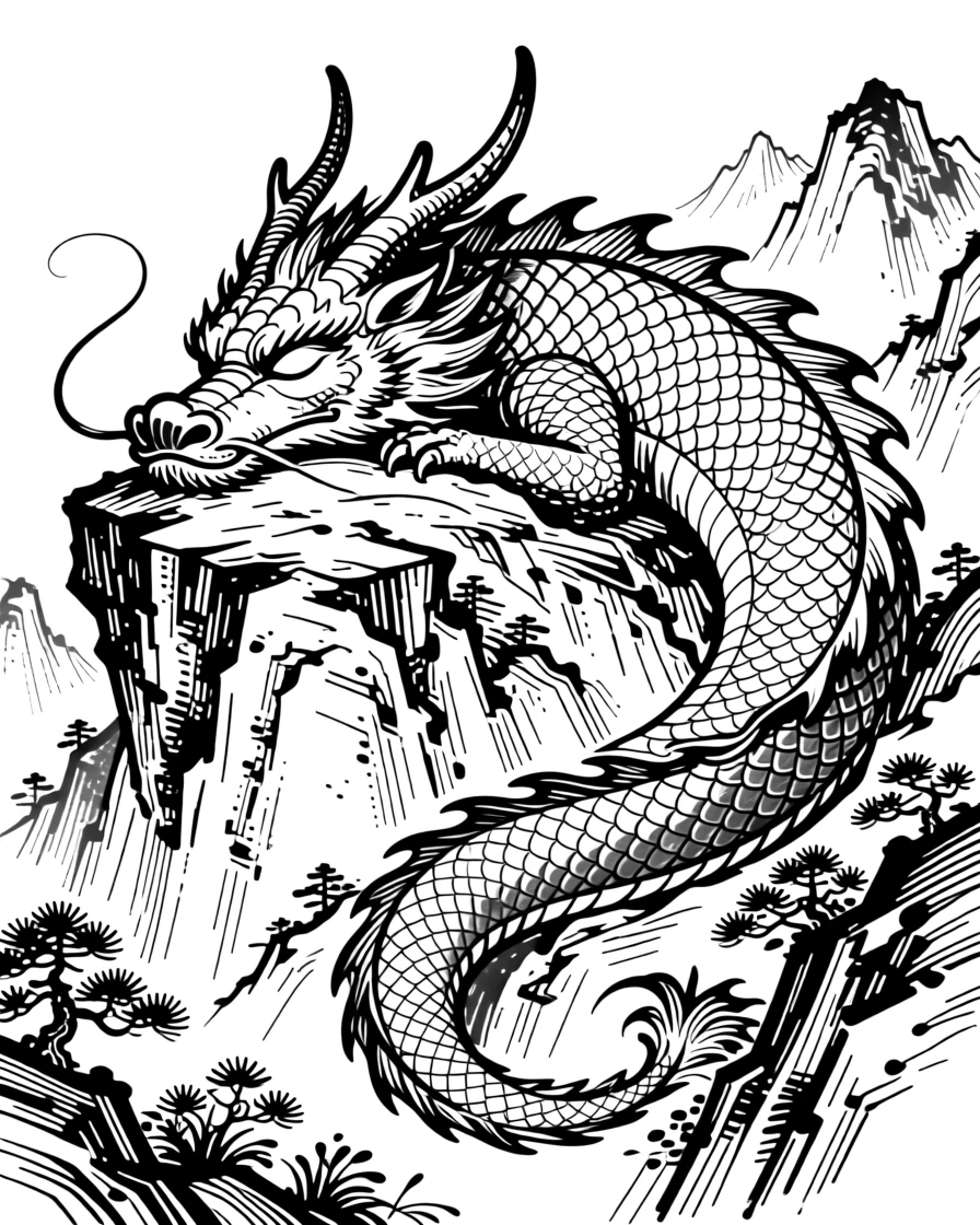 A giant sleeping dragon whose scales have become part of a mountain landscape.