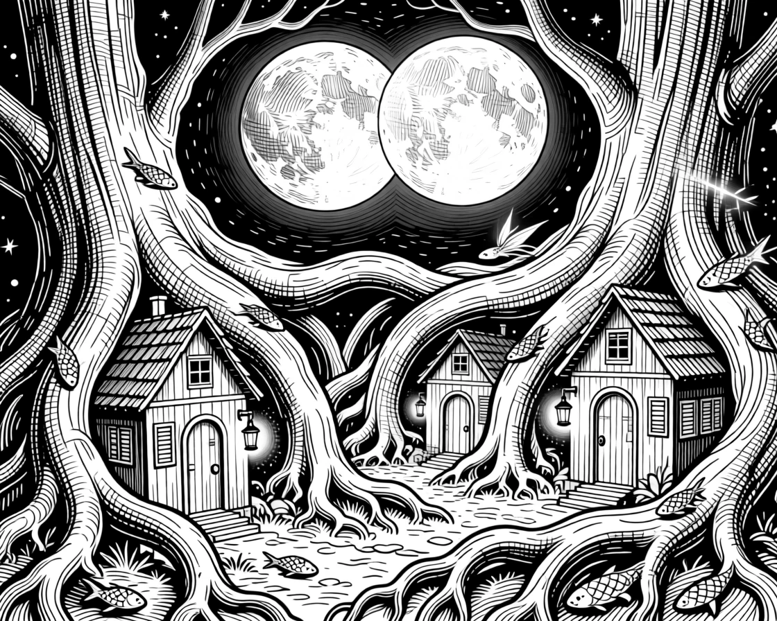 A hidden fairy village nestled in tree roots beneath a sky filled with twin moons, with delicate scales catching the moonlight, forming a serene yet powerful fantasy scene.