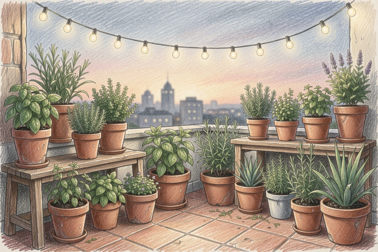 A rooftop garden filled with string lights and potted herbs, with delicate details that reward a closer look, evoking nostalgia and a deep sense of contentment.
