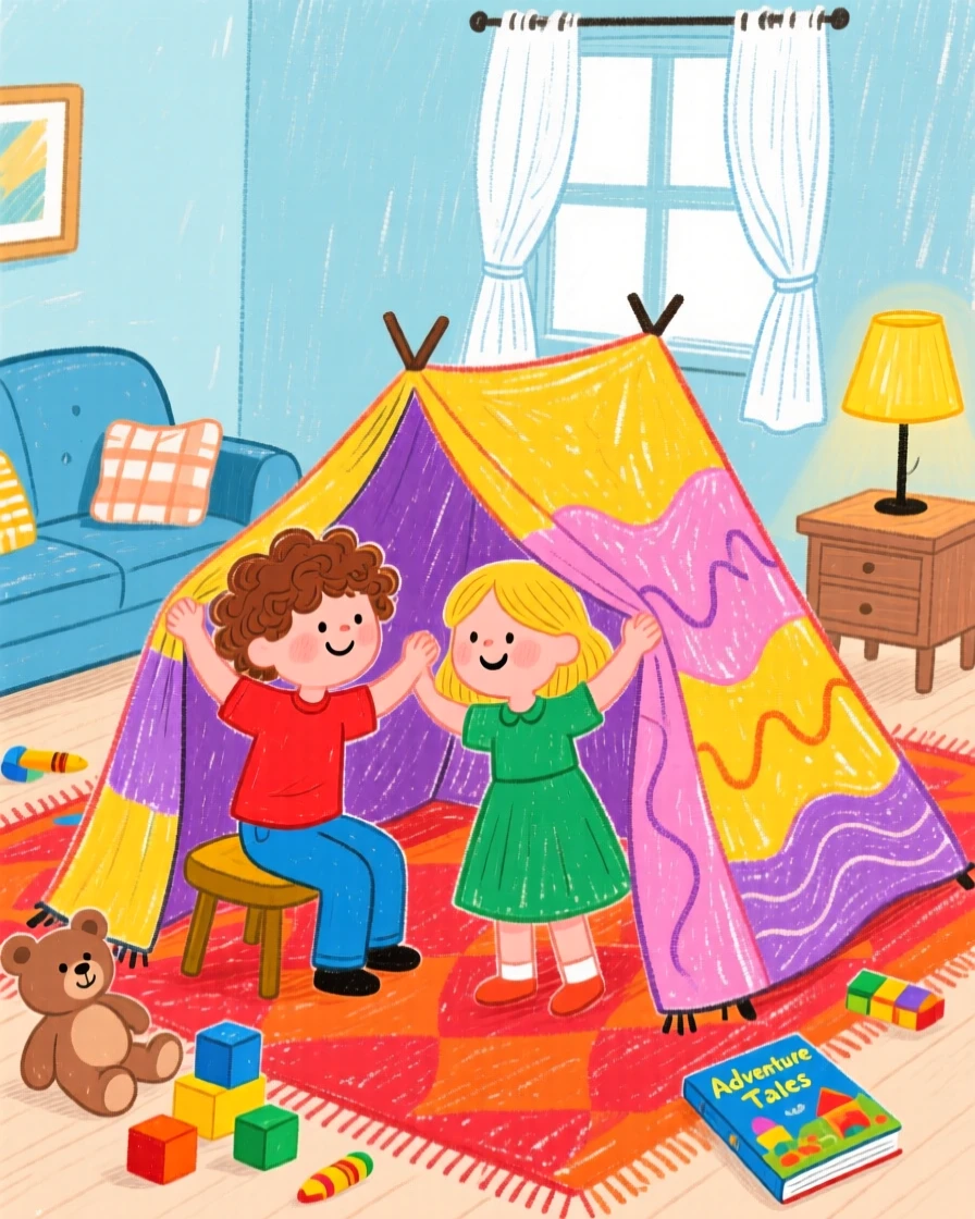 Two siblings building a blanket fort in a cozy living room.