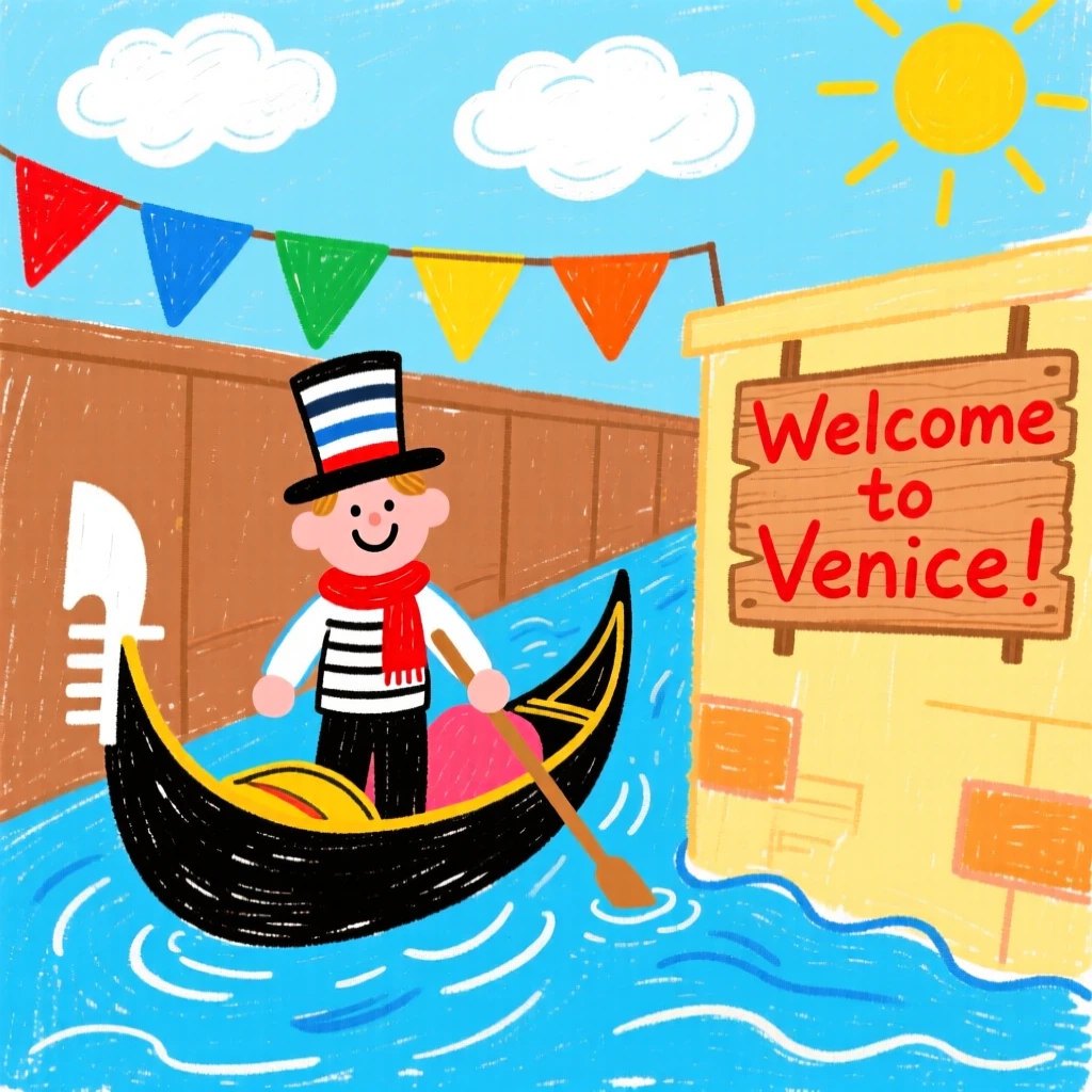 A Venetian gondola gliding through a canal decorated with colorful flags.