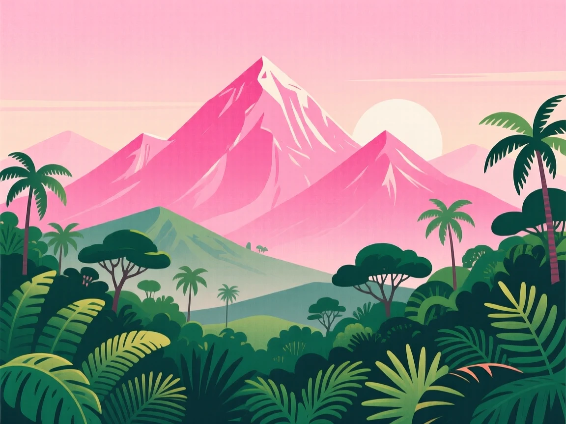 A grand mountain range glowing pink at sunrise, surrounded by lush tropical greenery, arranged with layered depth from near to far, with a nostalgic, postcard-like charm.