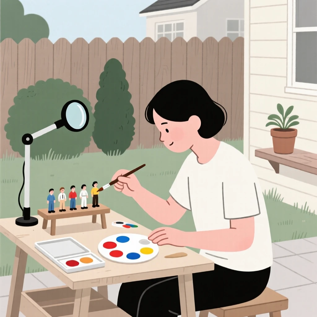 A person painting miniature figures in a backyard workshop.
