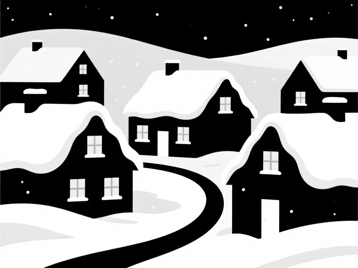 A snowy village with warm glowing windows.