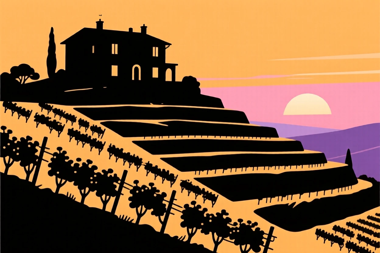A row of terraced vineyards climbing a steep hillside toward an old villa.
