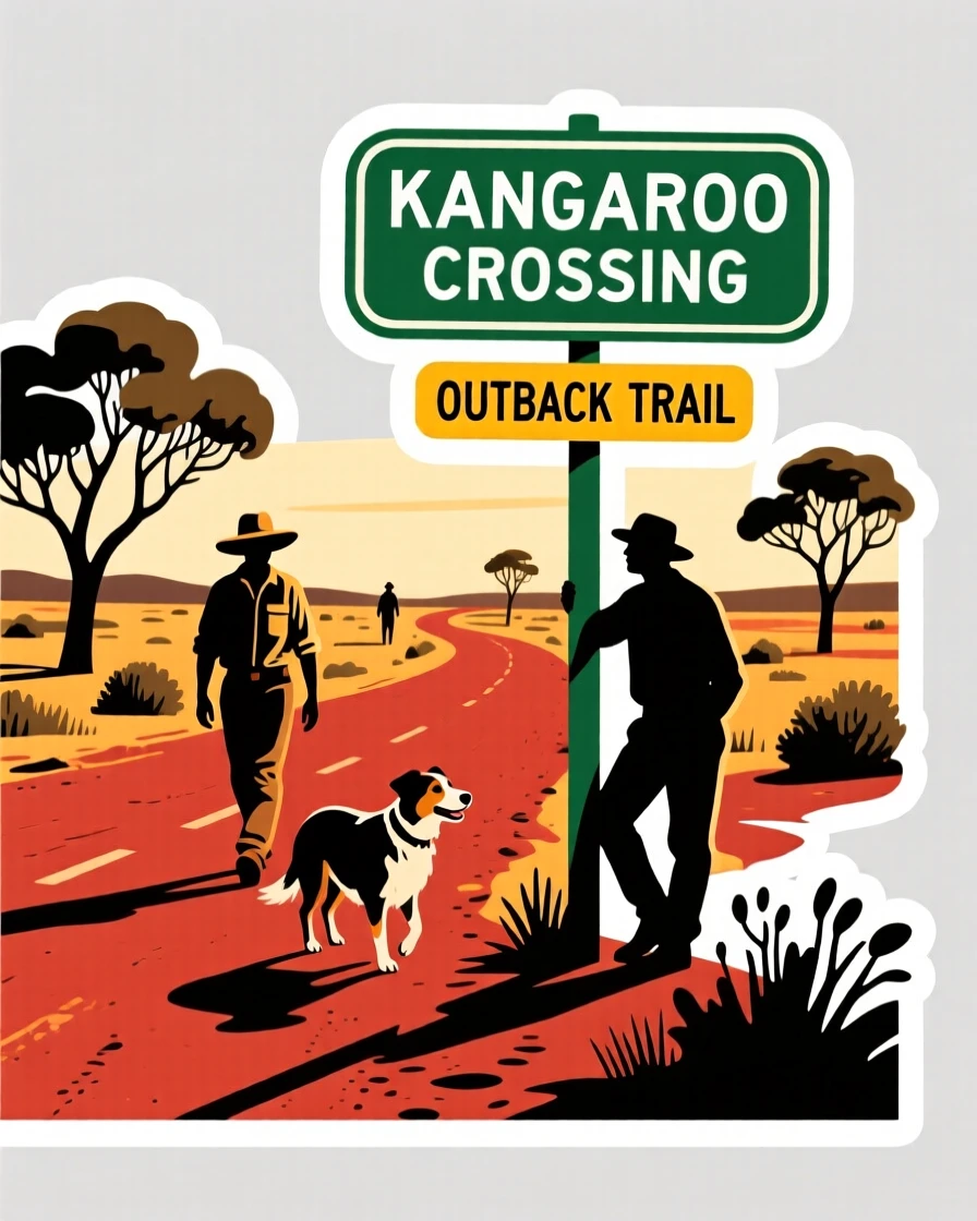 A charmingly authentic Australian outback with a red dirt road, with locals going about their day, during the region's most beautiful season.