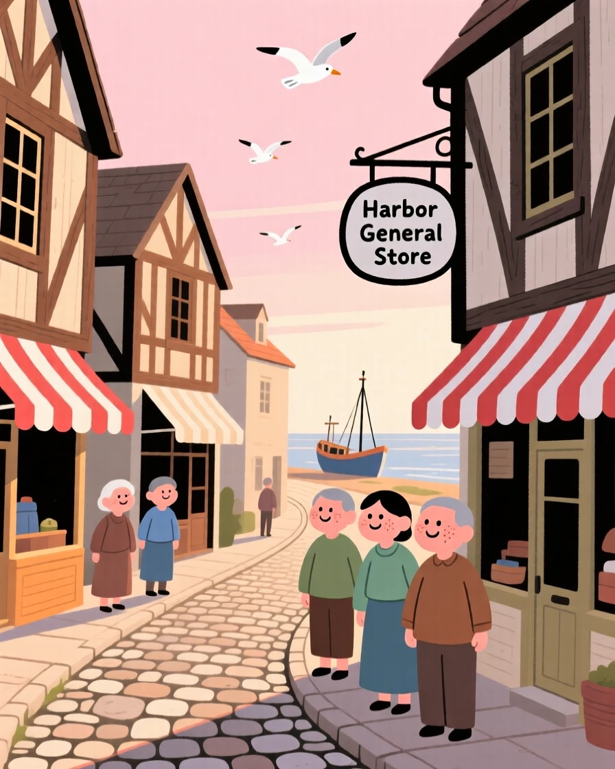 A cobblestone lane winds through a small coastal fishing village lined with timber-framed shops and striped awnings, quiet in the early morning light.