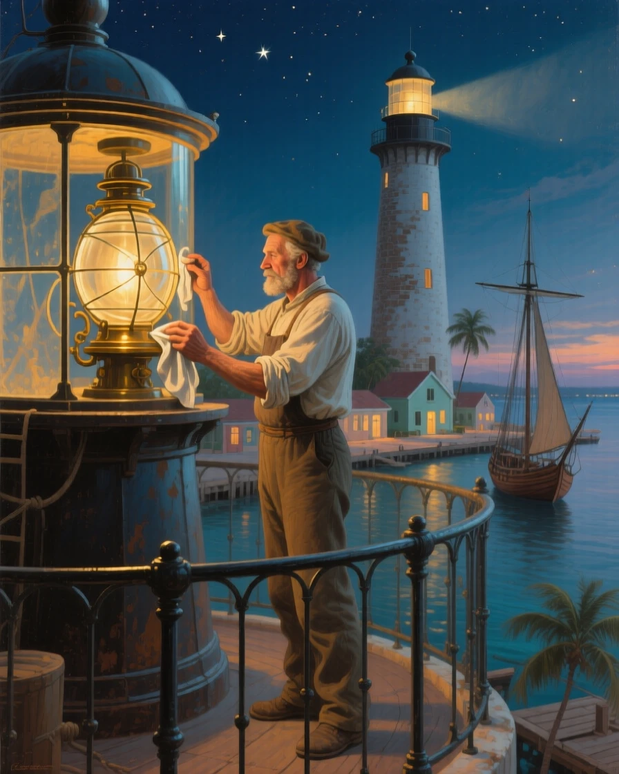 A well-framed scene of a lighthouse keeper polishing the great lamp before nightfall, in a Caribbean port town, under the night sky.