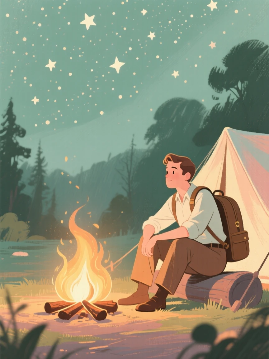 A traveler resting beside a campfire under a canopy of stars