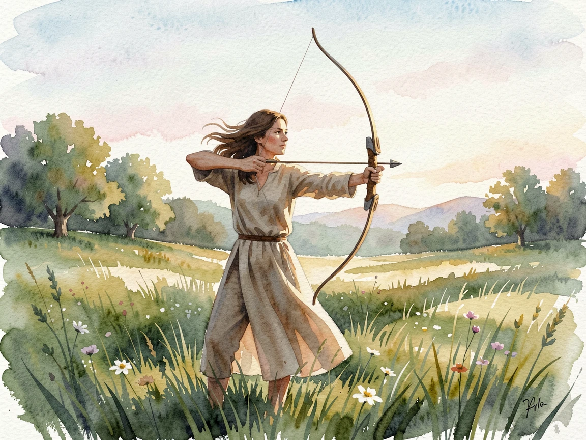 A woman practicing archery in a green meadow.