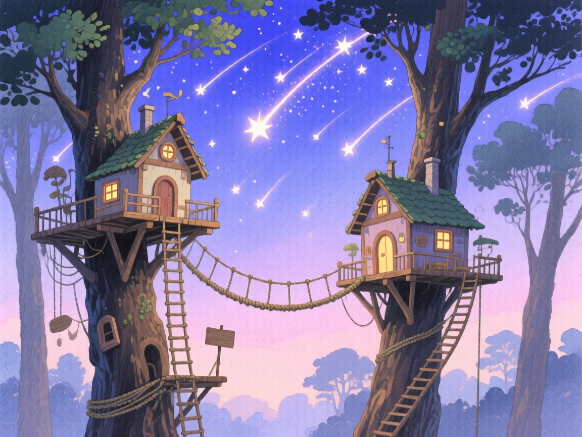 A dreamlike scene of a treehouse village, beneath a sky filled with shooting stars, inviting quiet wonder and imagination