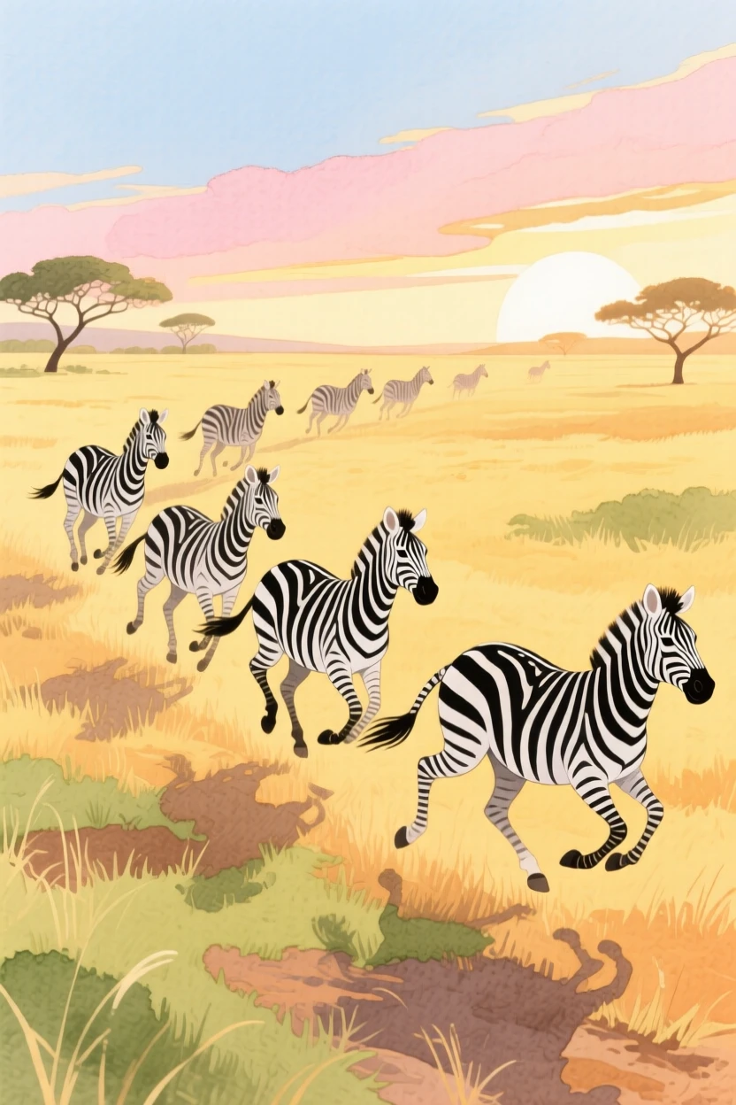 A vivid scene of a zebra herd galloping across the savanna at dawn.
