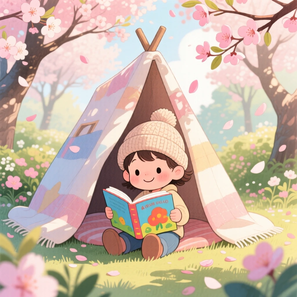 A small child in a knitted hat reading a picture book under a blanket fort, in a blossoming cherry tree garden, showing the magic of a simple, joyful moment.