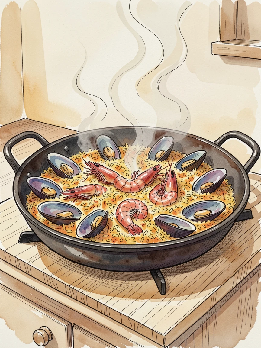 A rustic paella pan sizzling with saffron rice, shrimp, and mussels, steam curling gently into the warm kitchen air.