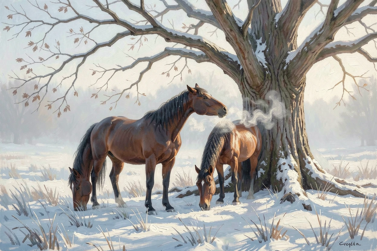 A pair of horses grazing in a misty pasture, beneath a large shade tree on a warm afternoon, it stretching lazily in a patch of sunlight, on a snowy winter day, breath visible in the cold.