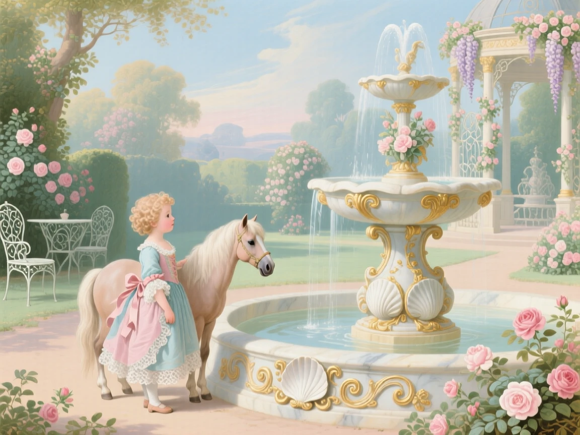 A child and pony looking into a garden fountain together  