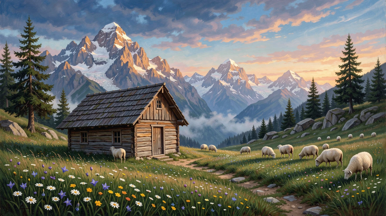 A shepherd's hut sits alone on a high alpine pasture.