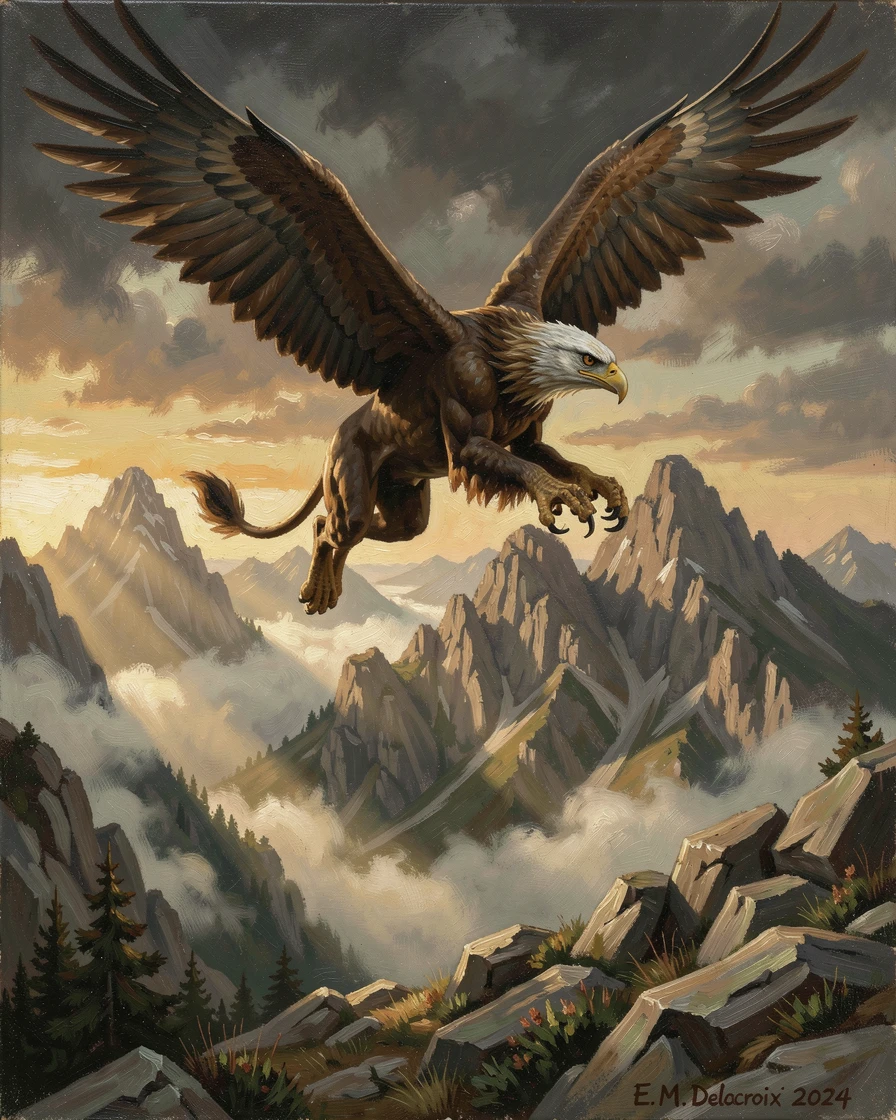 A fierce griffin soaring above a dramatic mountain range at sunrise, as beams of light cut dramatically through darkness or fog, evoking wonder, mystery, and epic storytelling