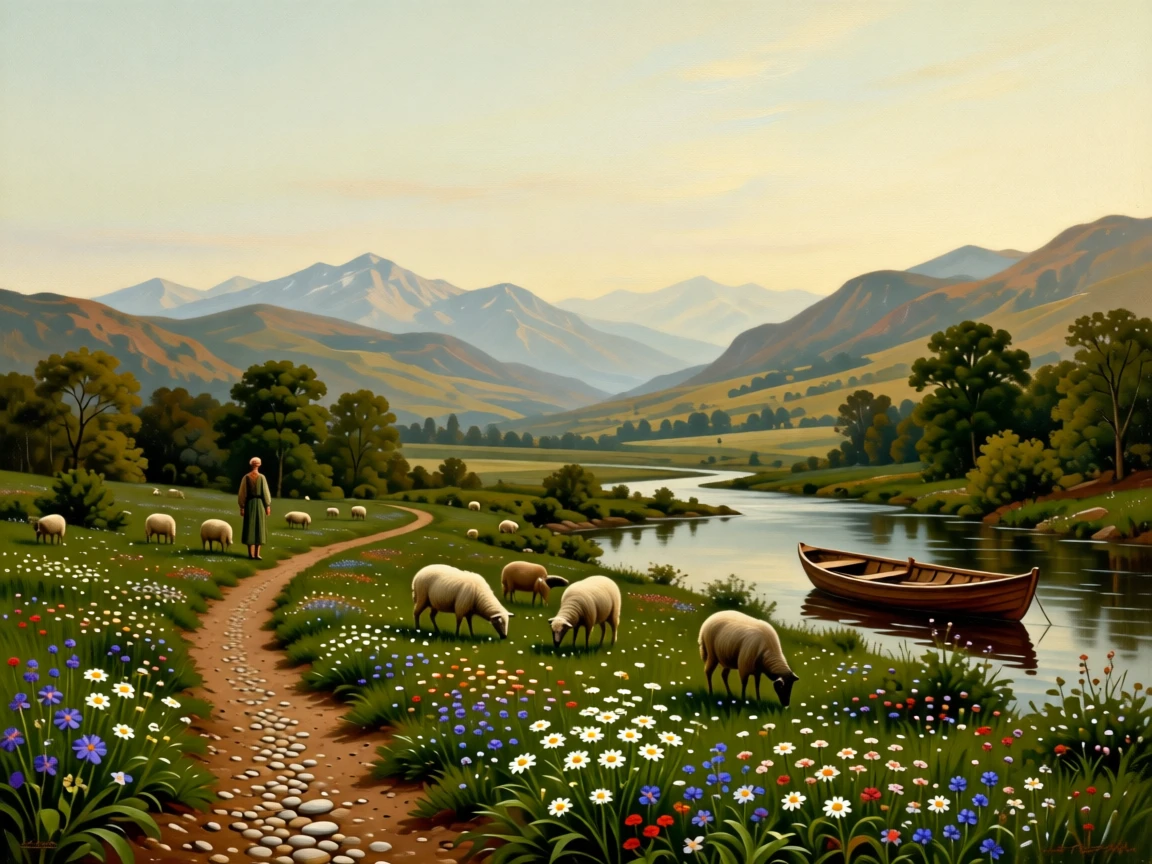A quiet alpine meadow scattered with wildflowers and grazing sheep stretching endlessly toward a hazy, distant horizon, set within reach of a winding country path, with a distant figure or small boat lending quiet scale to the vastness; a winding path or river leads the eye deep into the distance, filled with calm, restorative beauty.