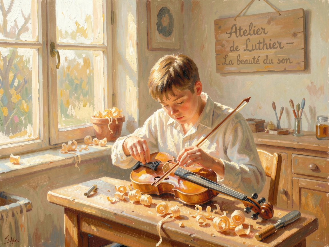 A young violin maker carefully carving the scroll of a new instrument in a sunlit workshop, filled with warmth and nostalgia.