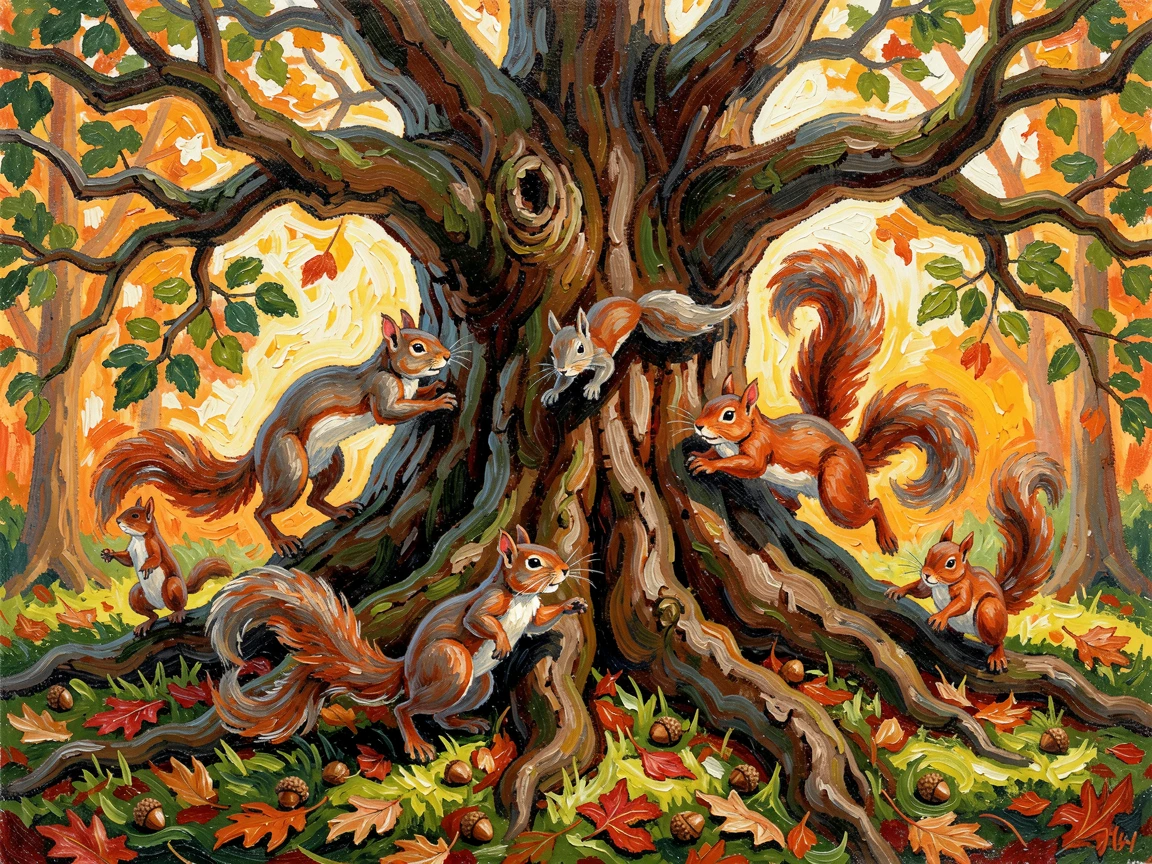 A family of squirrels chasing each other around the trunk of an old oak tree.