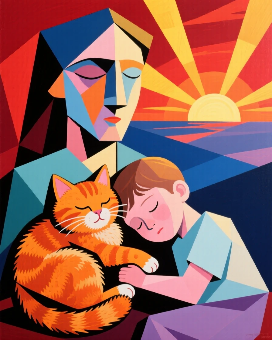 A charming portrait of a fluffy orange kitten snuggled beside a sleeping child, at sunrise.
