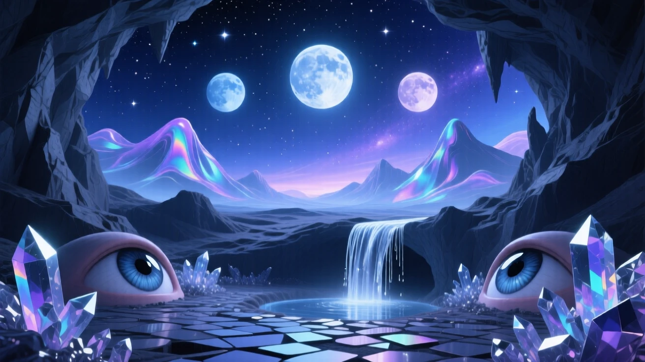 A cave that opens into a sky full of stars instead of stone lies silent under the pale glow of three distant moons, while distant mountains seem to shimmer like a mirage.
