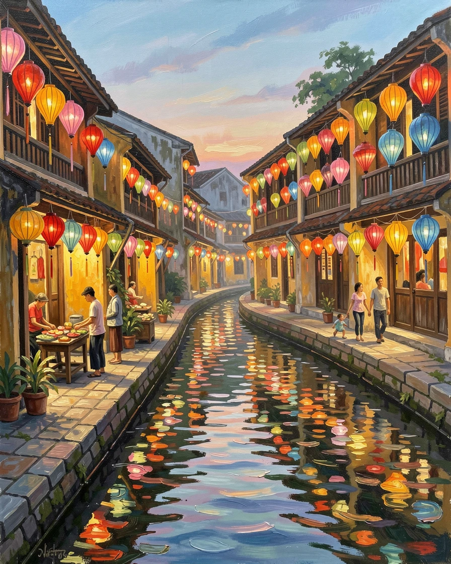 A lantern-lit street in Hoi An, Vietnam, glows with hundreds of colorful silk lanterns reflected in the calm river beside it, distant figures going about their day, lending the scene a sense of genuine daily life.