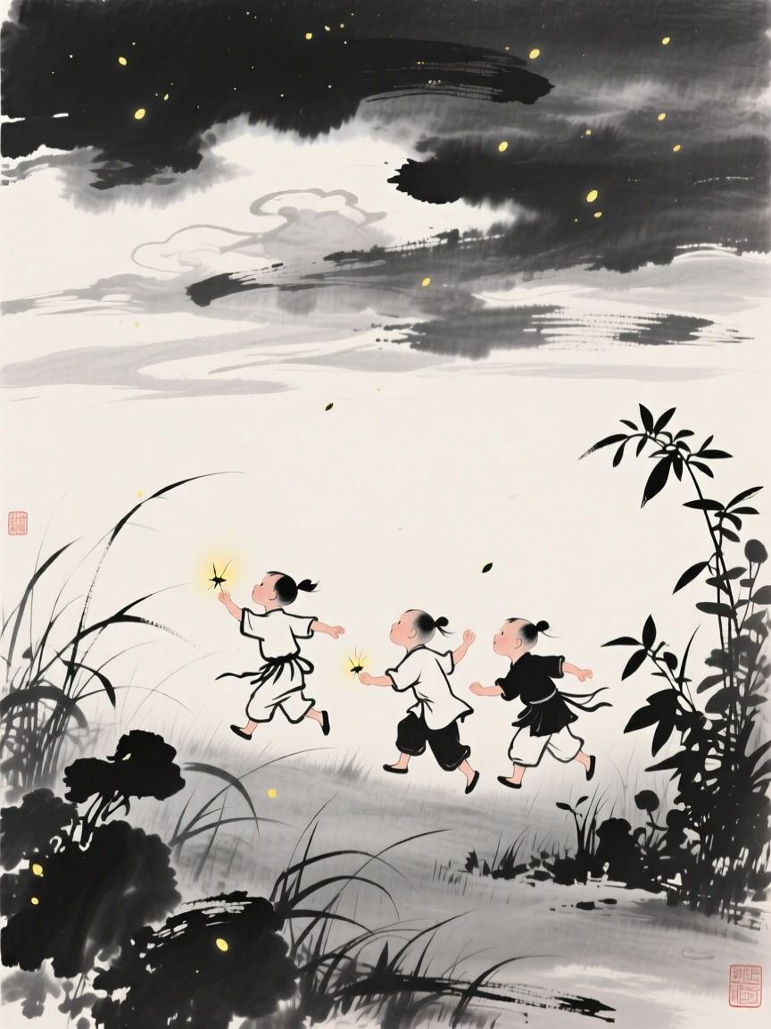 Children chase fireflies through a garden at dusk, beneath a sky filled with drifting clouds.