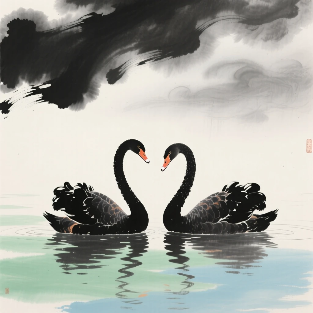 A pair of swans gliding side by side across a quiet lake, beneath low hanging clouds.