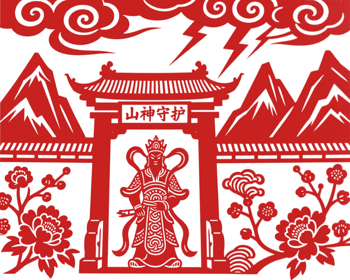 A mountain deity, guarding the gate of a hidden mountain temple, as thunder rumbles across distant peaks.