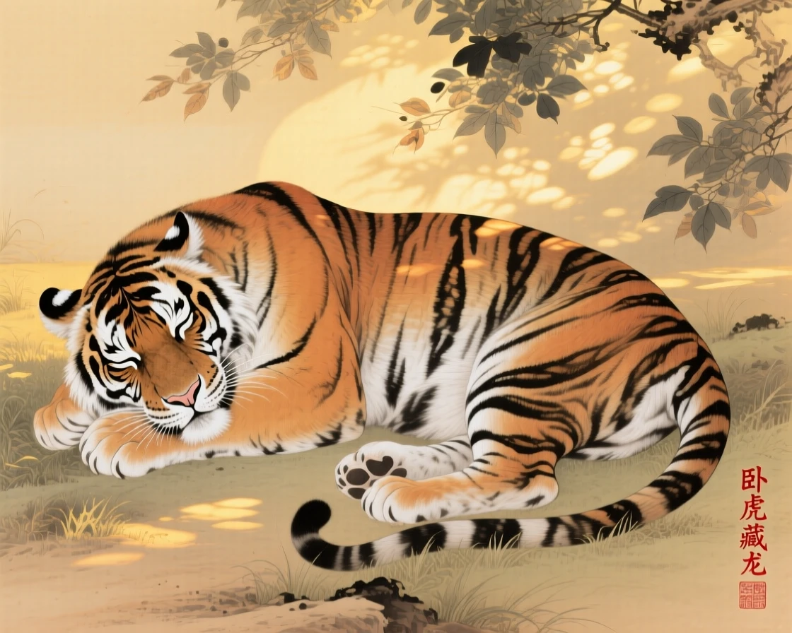 A tiger napping in a patch of afternoon sunlight