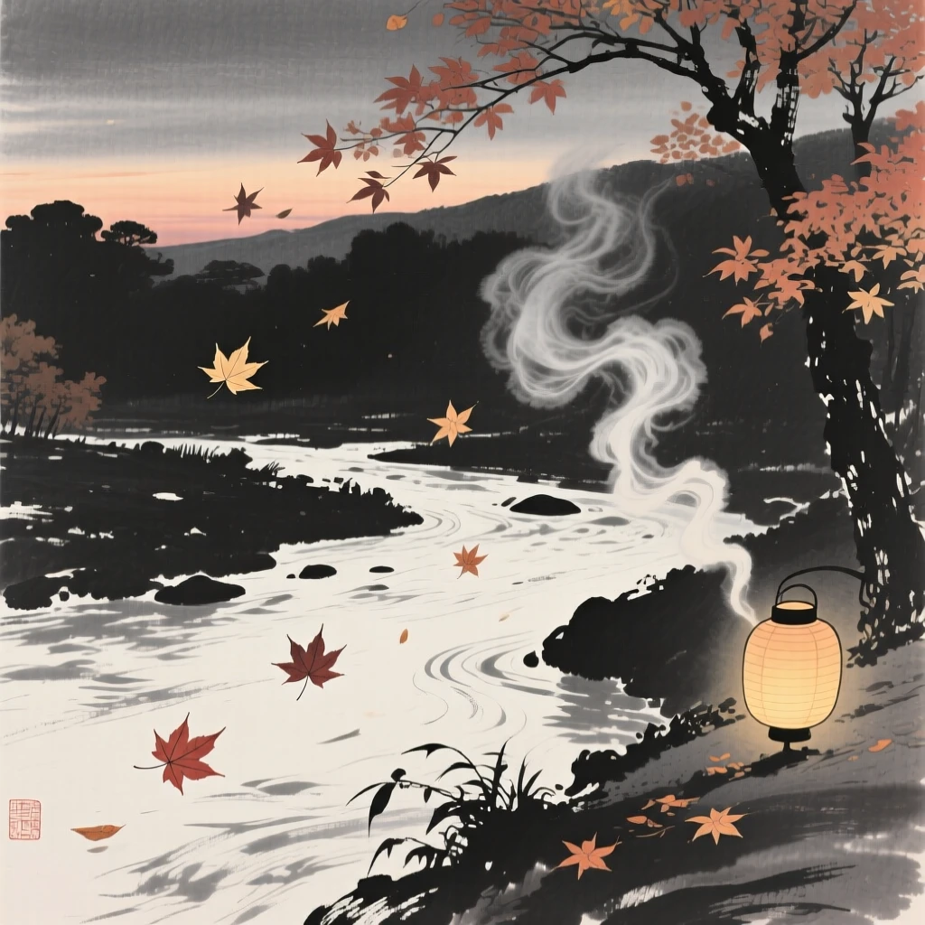 An autumn evening with drifting maple leaves and rising smoke beside a slow-moving river at dusk, composed with warm lantern light glowing against a cool evening, capturing the quiet magic of a changing season.