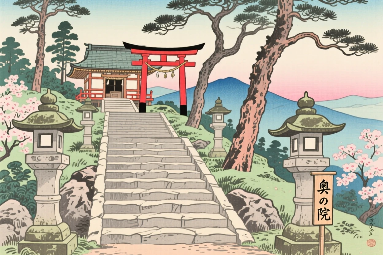 A mountaintop shrine staircase flanked by stone lantern pathways.