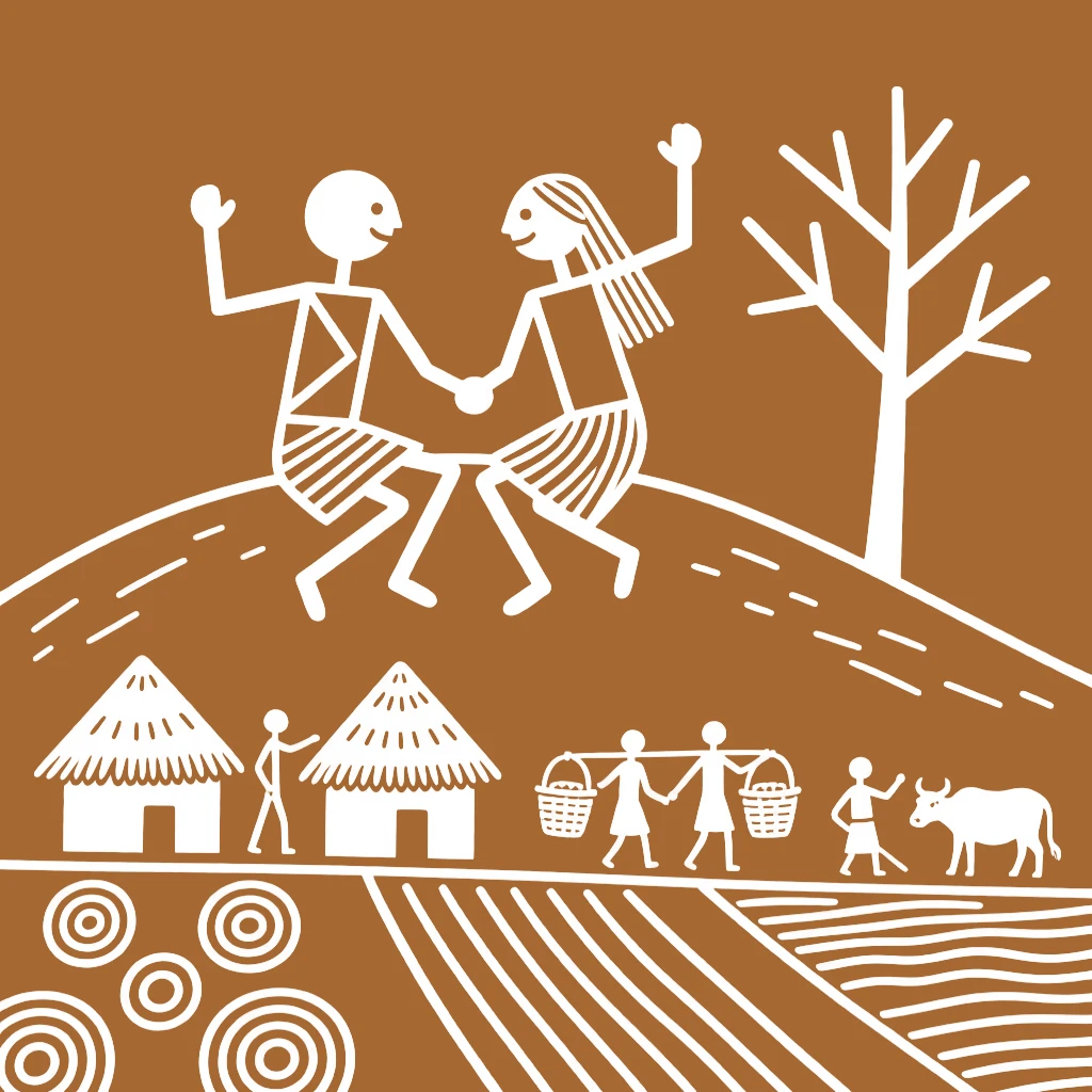 A couple dancing together sitting side by side atop a hill overlooking the village.
