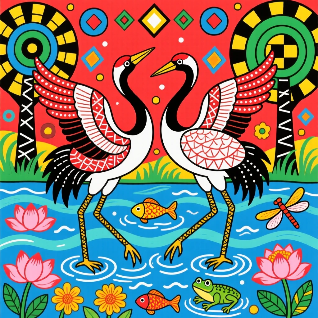 A pair of Sarus cranes performing their courtship dance in a wetland.