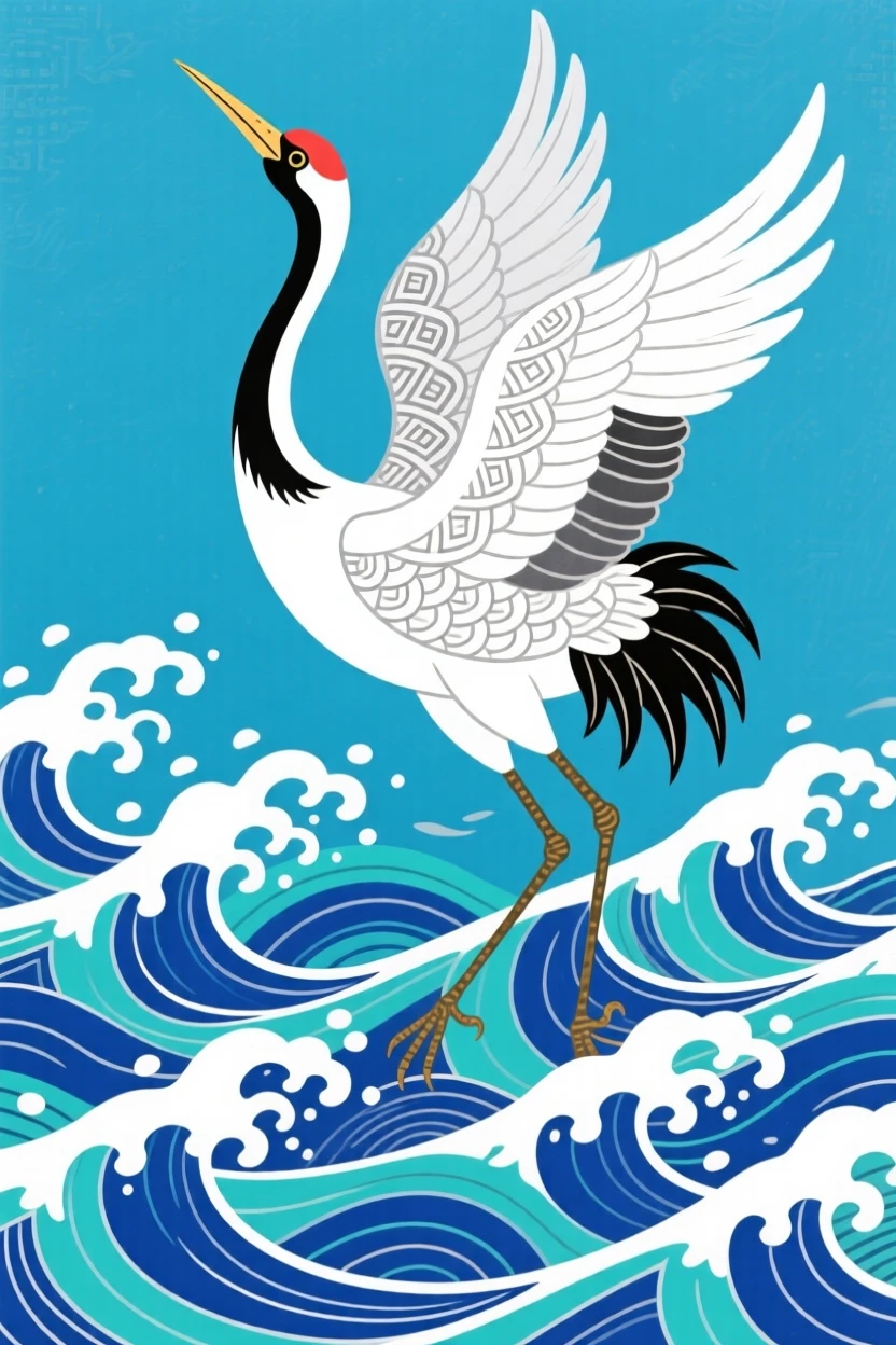 A powerful depiction of a snow-white crane rising above crashing ocean waves.