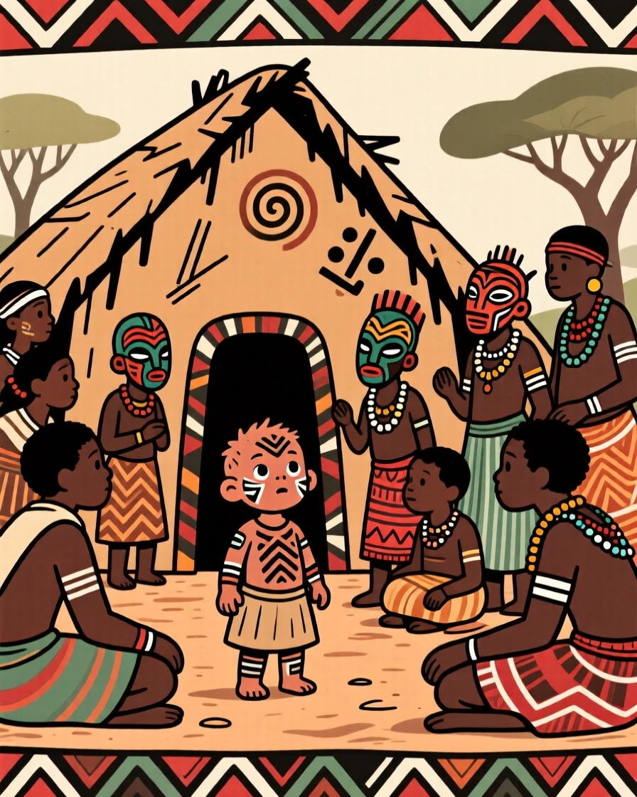 A curious toddler gathered together in front of a village hut.