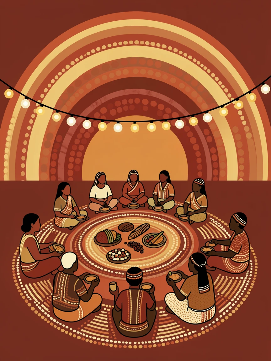 A community feast beneath string lights at sunrise
