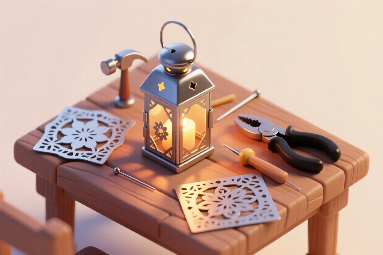A candle lantern crafting session with tin punched into decorative patterns, a finished lantern glowing warmly on the table.