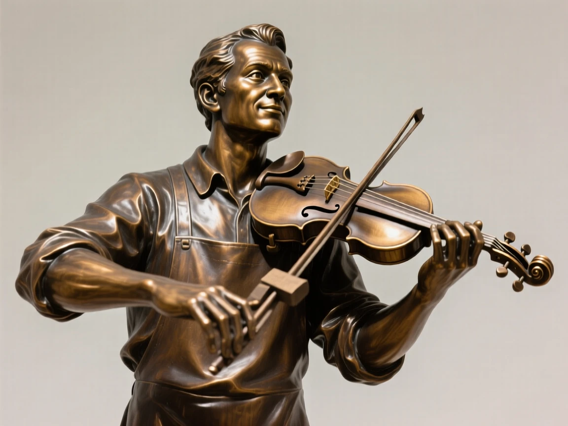 A craftsman polishing a finished violin, with hands outstretched in a gesture of hope, forming a strong central focal point