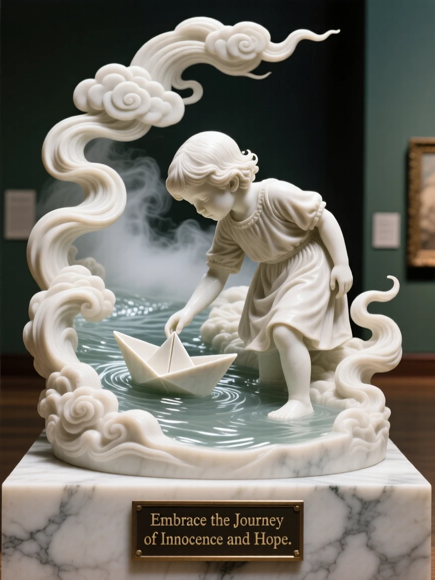 A vivid, emotionally rich scene of a child releasing a paper boat into a stream, amid swirling clouds and mist, designed to captivate and inspire