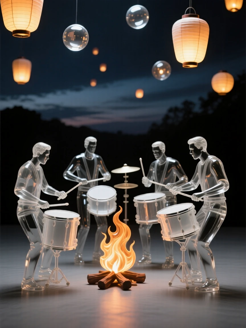 Beneath a sky filled with softly glowing lanterns, a group of drummers performing around a bonfire at night