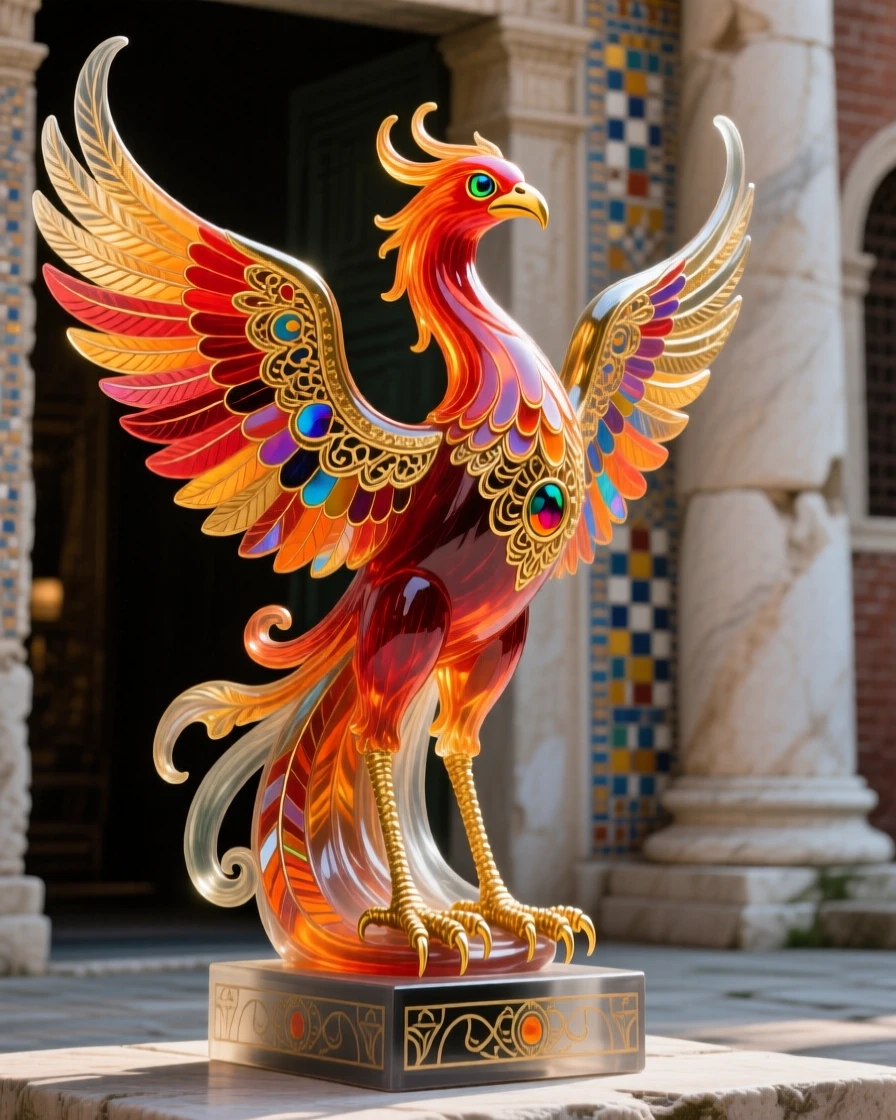 A grand phoenix statue guarding an ancient temple entrance, powerful and symbolic.