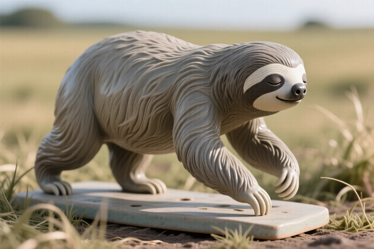 A napping sloth captured mid-stride across an open field, with a soft breeze lifting its fur, conveying calm strength and quiet pride.