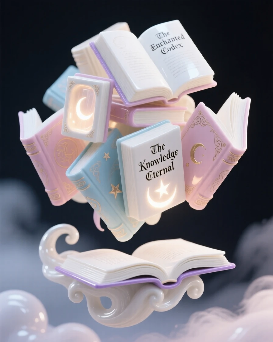 A magical floating library with glowing books, softly glowing from within.